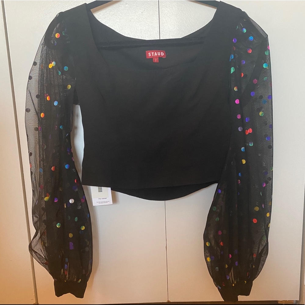 Staud organza puff sleeve black polka dot bustier top sz 2